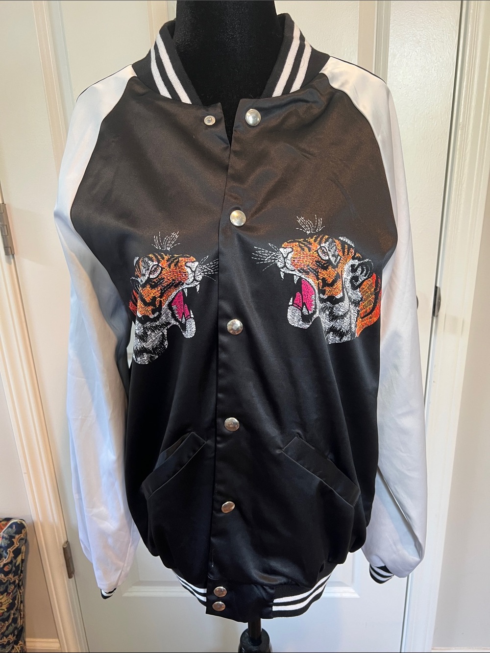 JADED London Black Satin Bomber Jacket with White Stripe Trim - Size Small